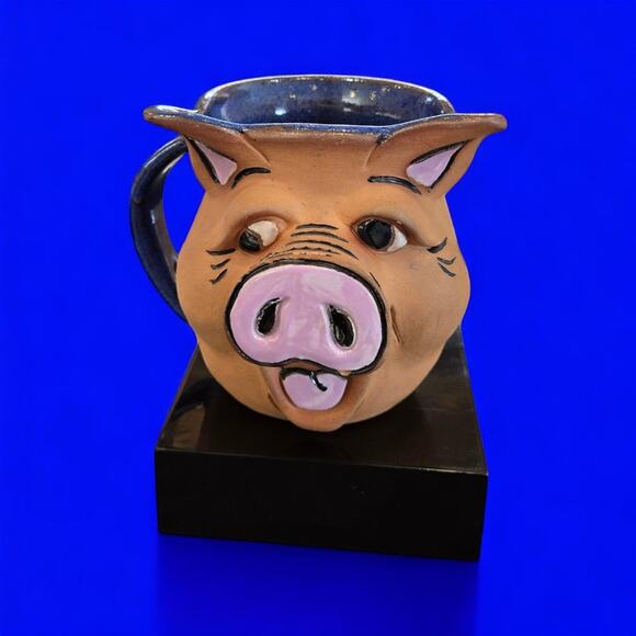 Signed Whimsical Retro Piggy Face Vintage Mug Handmade A&A Studio Pottery Cup - Picture 1 of 10